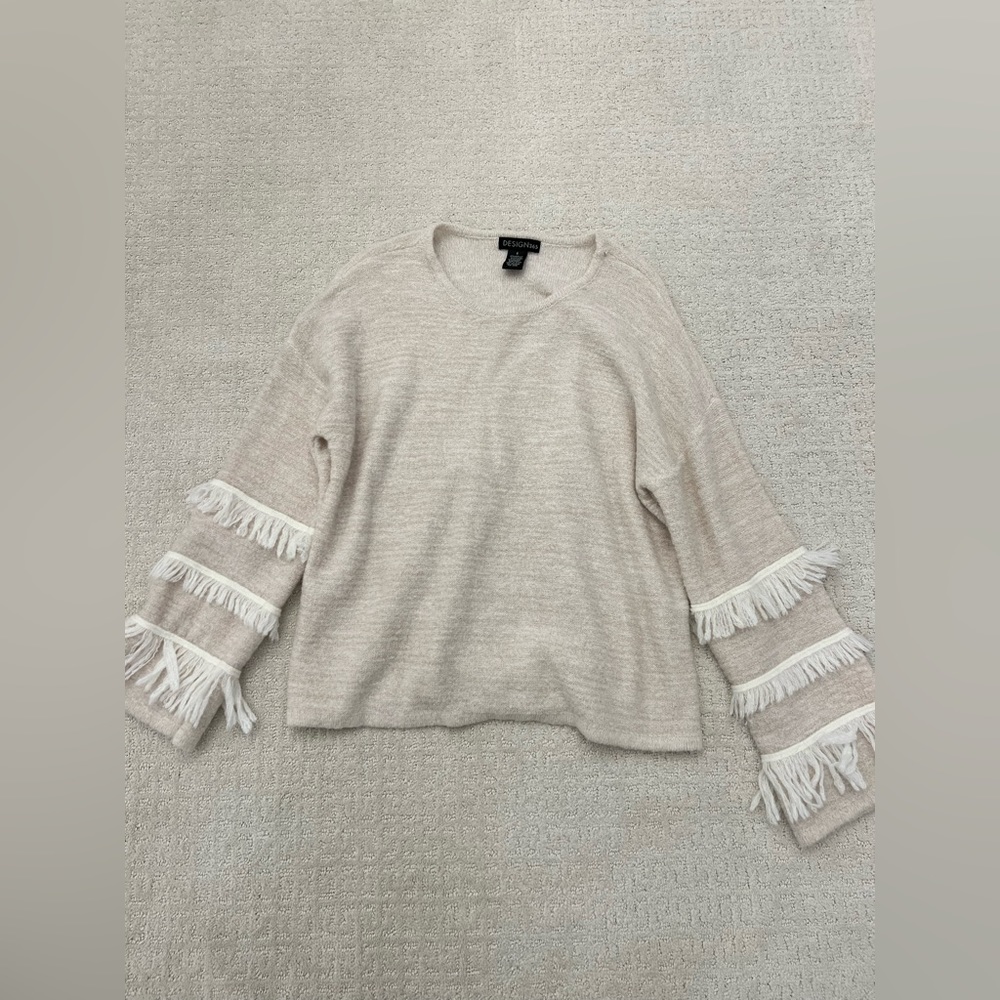 Design365 Cream Sparkle Fringe Crewneck Sweater Top